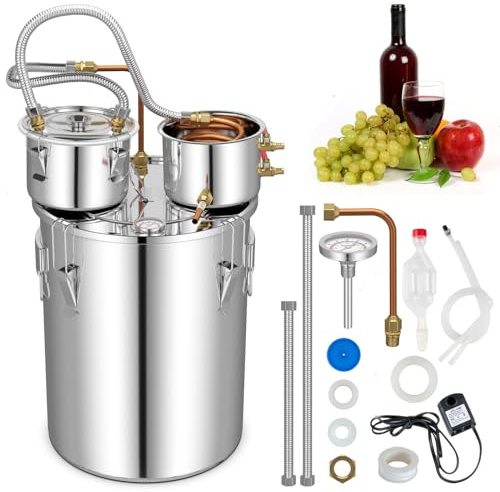 COSTWAY 3 Pot Moonshine Still Distiller, 38L 8.5Gal Stainless Steel Water Alcohol Distiller with Copper Tube, Built-in Thermometer & Thumper Keg, Wine Spirits Boiler Making Kit (38L 8.5Gal)