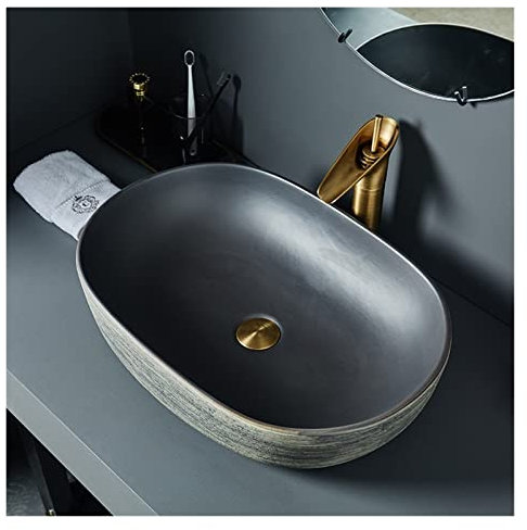 MOOWI Lavabo da Appoggio Lavandino da appoggio Ovale Grigio da appoggio in Ceramica, lavabo da Bagno, Vasca Singola for Mobile lavabo Adatto per i bagni (Color : Basin Set)