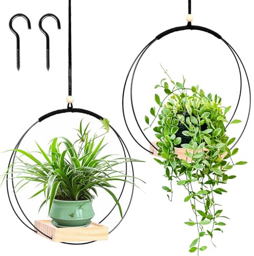 Sumotia 2 hängeblumentopf mit Holzsockel, Metallring und Aufhängeschlaufe, runde hängende Pflanzgefäße für den Innenbereich, Schwarze hängende Pflanzgefäße für Wände und Decken