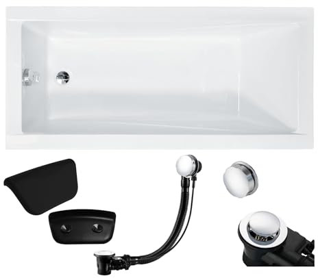 BADLAND Badewanne Original Weiß Acryl Wanne Rechteck MODERN 170x70 KOMPLETTSET SET + Kopfstütze + Füßen und Exklusive Chrom Automatik Ablaufgarnitur Made in EU 4in1