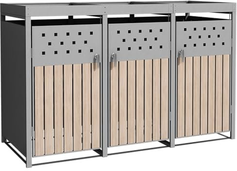ESTEXO Mülltonnenbox Mülltonnenverkleidung mit Pflanzdach Aufbewahrungsbox Müllbox Edelstahl RAL 9007 (3 Türen)