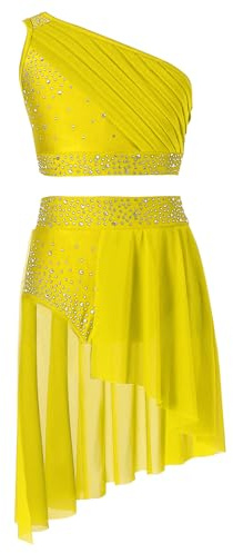 Runhomal Justaucorps Gymnastique pour Enfant Fille Ensemble Danse Jazz Strass Brillant Crop Top Tenue et Jupe Danse Latine Ballet Spectacle 5-16 Ans Jaune 9-10 ans