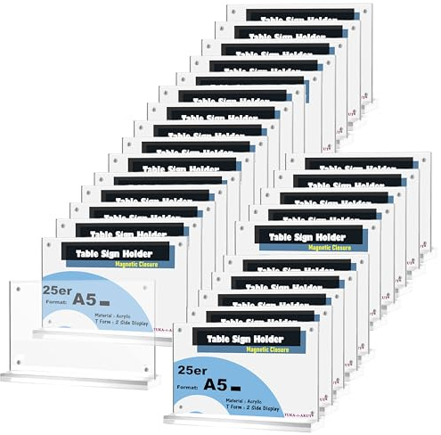 TUKA-i-AKUT 25x A5 Quer Tischaufsteller Acryl Transparent mit Magnetverschluß, Doppelseitig Display Prospekthalter Flyer Aufsteller Tisch Werbeaufsteller, Glasklar T-Ständer TKD8241-A5-W-25x