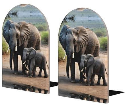 Sdegtho Buchstützen Elefant und Baby-Elefant für Regale, Holz-Buchstützen mit Metallsockel, stabile Buchhalter für schwere Bücher