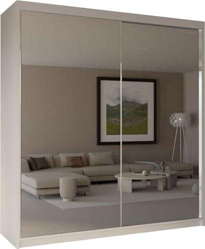 MN Furniture Full Mirror Sliding Door Wardrobe Available in White, Black Color with 150cm, 200cm (White, 150cm)