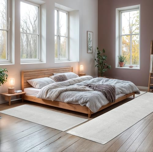 MY-RUG Bettumrandung Wolle Schlafzimmer 3teilig Teppich - 2mal 140x70 und 1mal 250x80cm - Bettvorleger rutschfest Läufer Deko