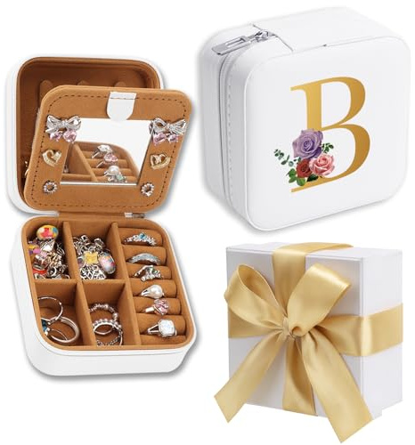 WALLFID Bow-Tied Geschenkbox,Weißes Schmuckkästchen für Reise,Personalisierte Geschenke,Schmuckkästchen Reise - Mit Spiegel und Aufbewahrung für Uhren,Lippenstifte,Ohrringe,Halsketten (B)