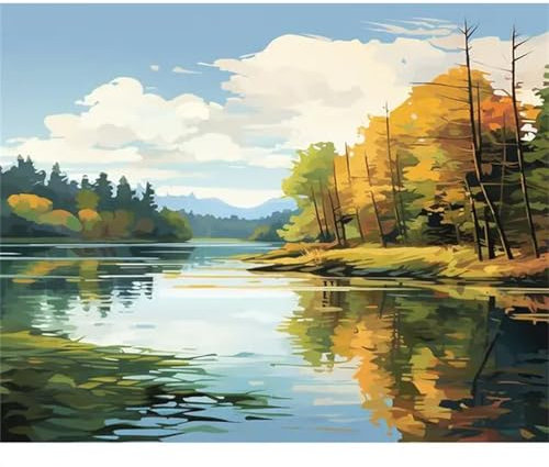 Aimaor Malen Nach Zahlen Erwachsene,Baumsee Malen Nach Zahlen Kits DIY mit rahmen Handgemalt Ölgemälde Kit Leinwand Acrylfarbe Paint by Numbers Heimdekoration Geschenke - 45x60cm