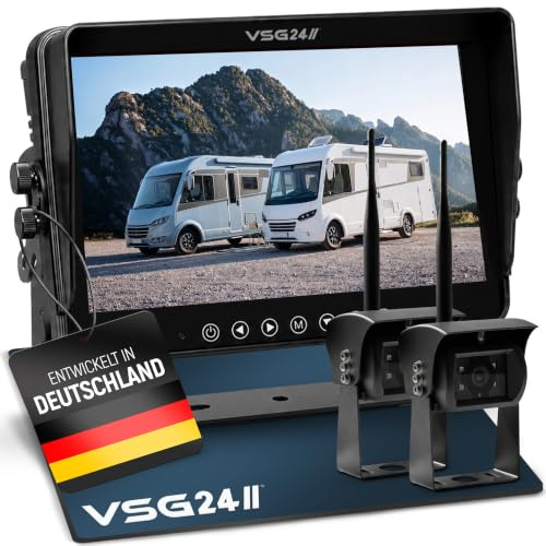 VSG24 Horizon STELLAR PRO 7 Rückfahrkamera Set kabellos mit 2 Kameras – 1080P HD Monitor, wasserdichte IP69K Kameras, 130° Blickwinkel, Nachtsicht & Heizung – erweiterbar