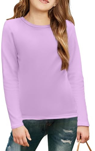 Arshiner Maglietta a Maniche Lunghe da Bambina Girocollo Interno in Pile Top Tinta Unita Pullover Basic Felpa Termica Casual per Bambini Abbigliamento per Bambini 5-12 Anni | Equipaggio versatile, top slim fit, maglietta autunnale invernale, maglione casual elasticizzato per bambini