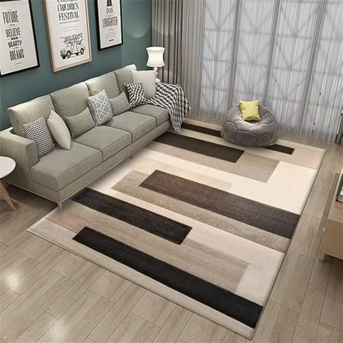 QGYFRE Kurzflor Teppich Bodenmatte Kinderzimmer maschinenwaschbar 200x260CM Area Rugs Beige Schwarzer Rutschfester, waschbarer mit modernem geometrischem Muster