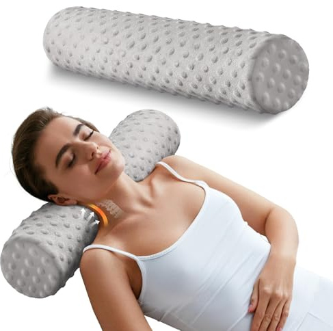 Sino Salected Memory Foam 4 Round Pillow, Cervical Neck Pillow for Pain Relief, Cylinder Pillows 18x 4, Removable Cover, Neck Roll Pillow for Sleeping, Velvet Dots, Grey