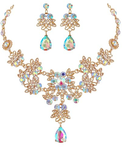 Faruodis Parure de bijoux de mariage avec collier et boucles d'oreilles en cristal - Strass - Fleur - Boule pendante - Bijoux pour femme, mariée, demoiselle d'honneur, taille unique, Pierre précieuse