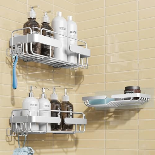 Yoillione Estantería Baño sin Taladro Estante: Organizador Baño Adhesivo de Pared - Estanteria Inoxidablede de 100% Aluminio para Champú con Jabonera, 3 Piezas
