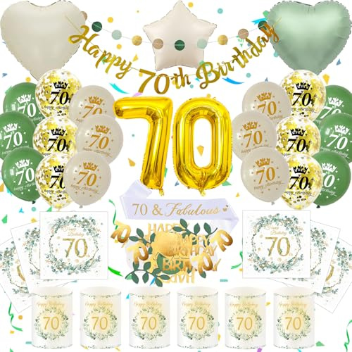 70 Geburtstag Deko Männer Frauen, Grün Gold Zahlenballon 70. Geburtstag Set | Geburtstagsdeko 70 Jahre, Grün Gold Party Deko, Happy 70th Birthday Banner, 32 Zoll Zahlenballons, Schärpe und Ballons