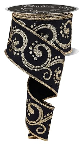 Brilliance Filigree Glitter Swirl Wired Ribbon - Black, Gold, 2.5 Inch x 10 Yards for Bows, Wreaths, Gift Wrap, Crafts and Christmas Decorations