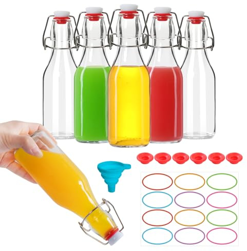 EkkoVla 6 Pack 250ml Glass Swing Top Bottles with Lids | Reusable for Kombucha, Beer, Oil, Vinegar, Kefir & Homemade Drinks