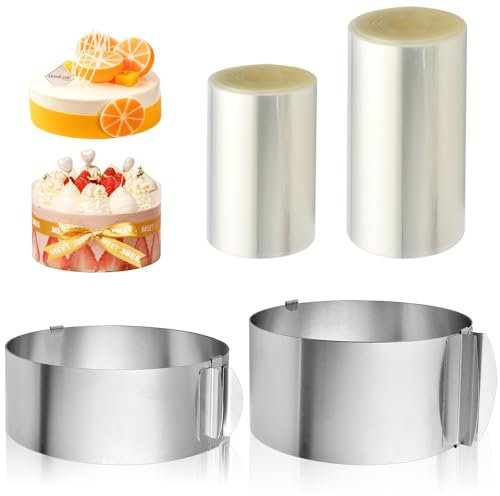 Akamino 2 Pcs Cake Ring and 2 Pcs Cake Collar, Adjustable Stainless Steel Cake Baking Ring 6 to 12 Inch, Round Baking Mold Mousse Ring for Cooking Crumpets Eggs Pastry Desserts(6,8 cm Height)