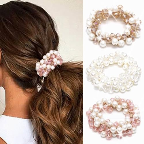 Zoestar Perlen-Haargummis mit Perlen, Glitzer, Strass, Pferdeschwanz-Halter, Haarschmuck für Frauen und Mädchen (3 Stück)