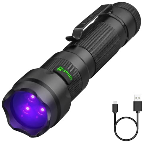 UltraFire Wiederaufladbare UV Taschenlampe 365nm LED Schwarzlicht, 15W Leistungsstarkes Ultraviolettes Licht, Professionelle UV Lampe mit Schwarzer Linse für Blutspuren, Fluoreszenzanalyse, Mineralie