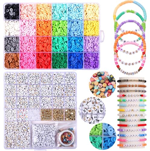 Naler 24 Farben Clay Perlen, 6457 Stück Perlen zum Auffädeln 6mm Polymer Clay Beads Set mit Buchstaben Set Schmuckherstellung Kit für Halsketten-Ohrring DIY Handwerk