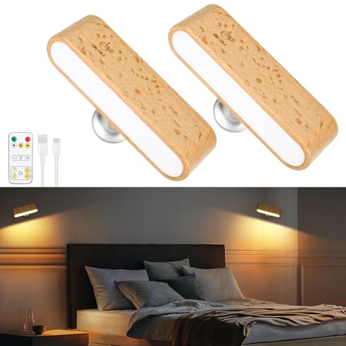 AVANLO 2 Stück Wandleuchte Innen, LED Wandlampe Akku Holz | Fernbedienung & Touch Control, 3 Farben, 360° Drehbar Aufladbar Kabellose Wandleuchten für Schlafzimmer Wohnzimmer