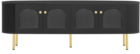 Modern 170cm TV Stand Black TV Lowboard with 4 Glass Doors Ample Storage Stylish Gold Metal Legs with Floor Protection Perfect for Living Room Decor