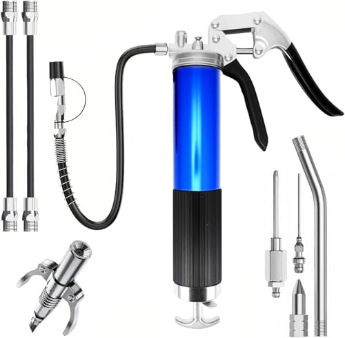 Grease Gun, 7000 PSI Heavy Duty Pistol Grip Grease Gun Set with Coupler and 3 Flexible Hoses and Metal Extension Tube, Four Nozzle Types Compatible with 400cc Cartridge(Blue)
