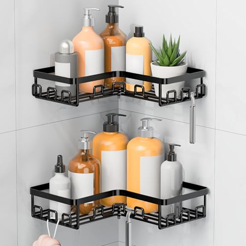 Kegii Corner Shower Caddy - Adhesive Shower Shelf Organiser No Drill Black Bathroom Corner Caddy Bath Organiser with Hooks for Sponge, Razor, Maximised Storage Space