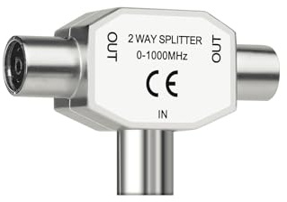 1 Piece TV Aerial Coax Splitter, Digital Signal Antenna Splitter, 2 Way 1 Male to 2 Female Adapter Connector Joiner, Shielded Metal Housing