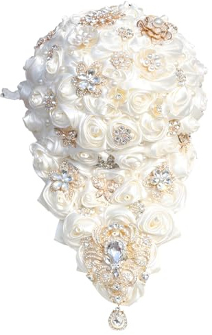 Künstlicher Wasserfallstrauß aus Rosen-Satin, Kristall- und Schmuck-Details, Weißgold und Brautstrauß für Hochzeitssträuße
