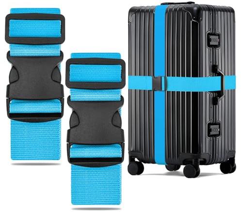 WISYOK Koffergurt, 2 Stück, 130-250cm, Himmelblau | Kofferband Gurt Auffällig, Erweiterte Sicher Kofferbänder, Robuster Koffer Gurtband, Luggage Strap für Reisen, Flugreise