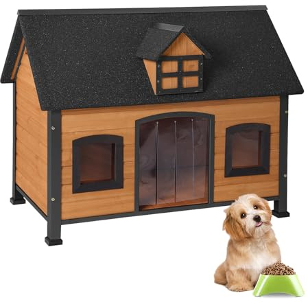 GUTINNEEN Dog House Outdoor with Metal Frame, Wooden Dog Shelter with Weatherproof Roof, Dog Kennel for Small to Large Dogs Indoor