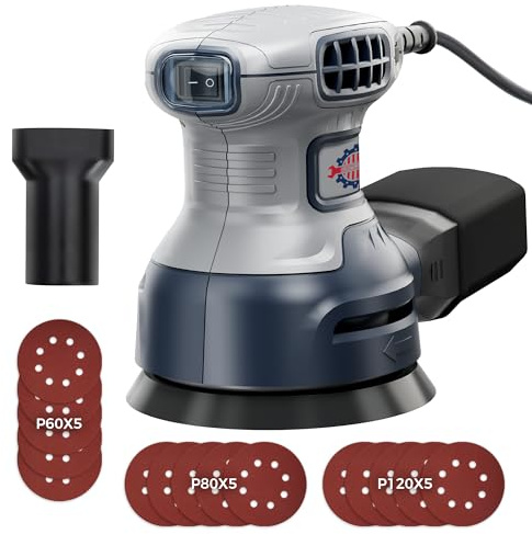 TurboVolt 125MM Random Orbital Sander for Wood, 350W 13000 OPM Electric Sander with Dust Collection, 6 Variable Speeds, 15pcs Sandpapers for Sanding and Polishing
