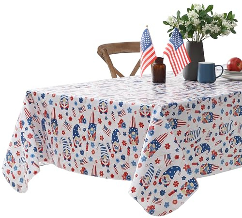 Newbridge Gnome Party Vinyl Flannel Backed Tablecloth, 60 x 120 Inch Rectangle, Patriotic 4th of July Gnomes with Flags and Fireworks Wipe Clean Table Cover