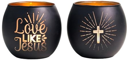 Porte-bougies chauffe-plat noirs Love Like Jesus - Lot de 2 photophores croix en verre satiné avec revêtement intérieur doré - Cadeaux religieux pour hommes et femmes, décoration Pâques, cadeau de