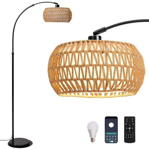 INMOZATA Floor Lamp, Dimmable Arch Floor Lamps with Remote Control, Boho Rattan Lampshade Tall Standing Lamp for Living Room, Bedroom, Office, Included E27 Bulb