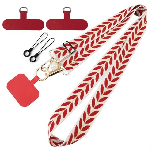 VEGCOO Feuilles et Perles Cordon Téléphone Portable Universelle, Transversale Lanière pour Téléphone, Tour de Cou Téléphone Universelle Cordon Collier Réglable, Mousqueton Doré Clip T en Nylon