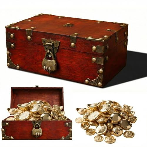 SZHUGEKI Vintage Grün Schatzkiste Holz 24 x 17 x 9.5 cm,mit Zahlenschloss | Hohe Sicherheit und Langlebigkeit,Holz Aufbewahrung Schatztruhe für Party Hochzeitsdekoration,Rot