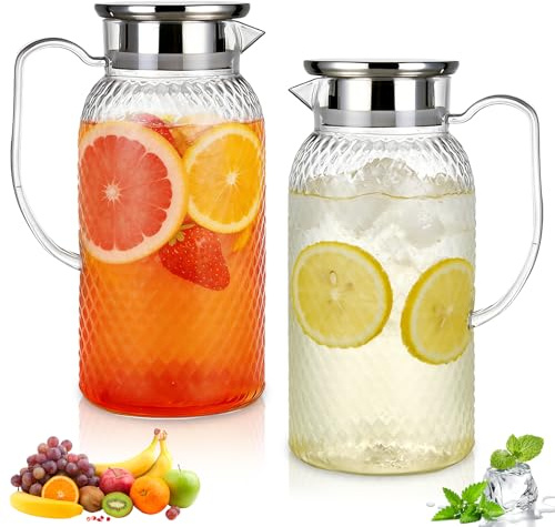2 Stück Wasserkaraffe mit Deckel, 1,8L Wasserkrug mit Deckel aus PC, Karaffe 2 Liter hitzebeständig & bruchsicher, Kühlschrankkrug für Wasser, Saft und Tee