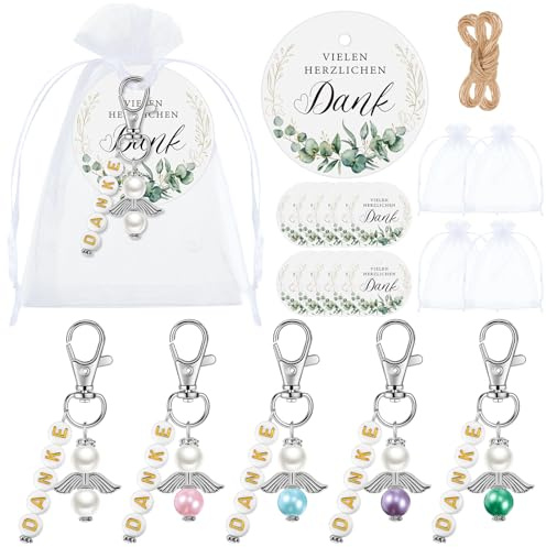 Otuuz 30 Sets Schutzengel Gastgeschenke Dank Geschenke für Firmung Hochzeit inklusive 30 Schutzengel Schlüsselanhänger 30 Dank Geschenkanhänger und 30 Organzasäckchen für Tauf Konfirmation