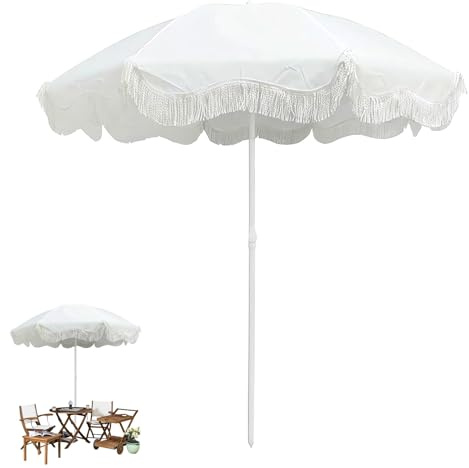 QRLKJHGFA Ombrellone da Giardino, Ombrellone da Patio Bianco Boho Beach 6,5 ​​Piedi con fre, 8 Stecche, Portatile for Giardino a Bordo Piscina