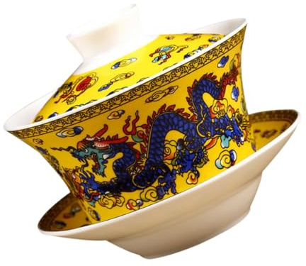 HOUDERCO Taza de Té Clásica Tipo Sopera de Cerámica Amarilla, Segura Olor, Diseño Elegante Estilo Chino para Oficina y Ocasiones Obsequios