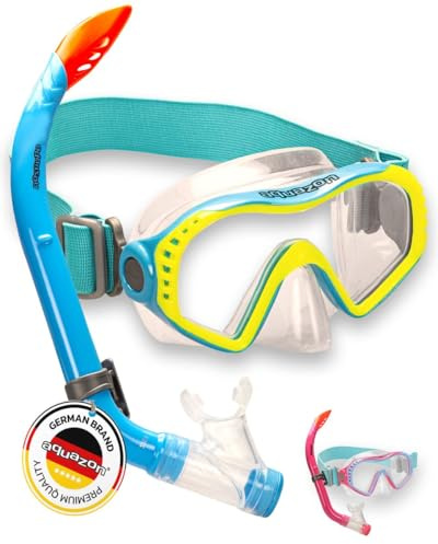 AQUAZON Starfish Kinder Schnorchelset - Taucherbrille mit extra komfortablem Textil Kopfband - 7-12 Jahre - inkl. Schnorchel, superklares temperiertes Glas