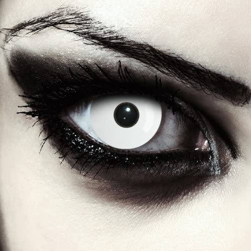DESIGNLENSES, weiße farbige Zombie Kostüm Kontaktlinsen, 1 Paar (2 St.) Farblinsen für Halloween in weiß + Gratis Behälter Whiteout mit Stärke -0,50