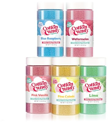 Cotton Candy Express Floss Sugar Variety Pack 5 - 11oz Plastic Jars of Lime, Watermelon, Pina Colada, Blue Raspberry, Pink Vanilla Flossing Sugars. Use with Cotton Candy Express countertop machine