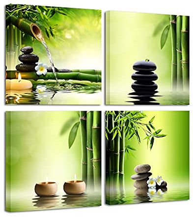 Wieco Art: Moderner Giclée-Leinwanddruck aus 4 Bildern, gespannt und gerahmt, Motiv grüner Bambus, Wandkunst für das Heimbüro, Dekoration für Wohn- und Schlafzimmer, grün, 12x12inchx4pcs