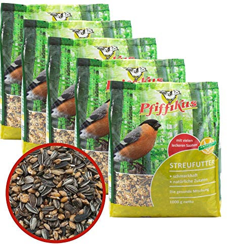 Pfiffikus 5er Pack Streufutter Ganzjahresfütterung für Wildvögel 5 x 1 KG Vogelfutter für Vogelfutterhaus, Vogelfutterspender oder zum Streuen im Sommer und Winter - Wildvogelfutter Made in Germany