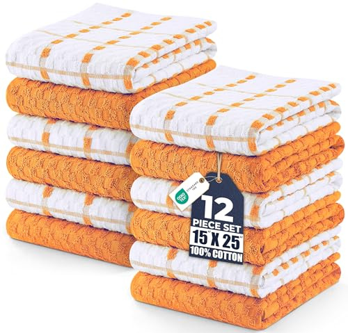 Utopia Towels - 12er Pack Geschirrtücher Küchentücher, 38 x 64 cm Baumwolle Geschirrtüch – Maschinenwaschbar (Orange und Weiß)