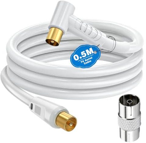 Ancable TV Aerial Cable with Coaxial Adapter 0.5M White TV Ariel Lead